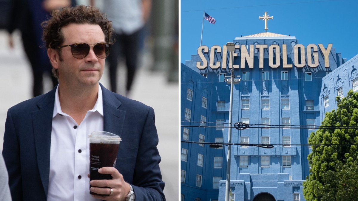 A split photo. On the left is Danny Masterson. On the right is the Church of Scientology building in East Hollywood.